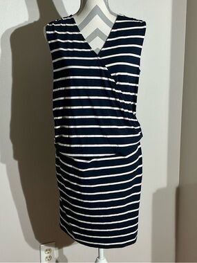 Ann Taylor Medium Navy and White Striped Sleeveless Midi Dress